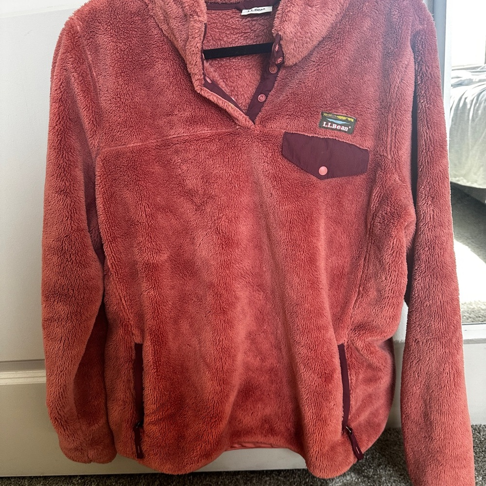 L.L. Bean Red Teddy Jacket with Soft Fuzzy Material and Half-Zip Design